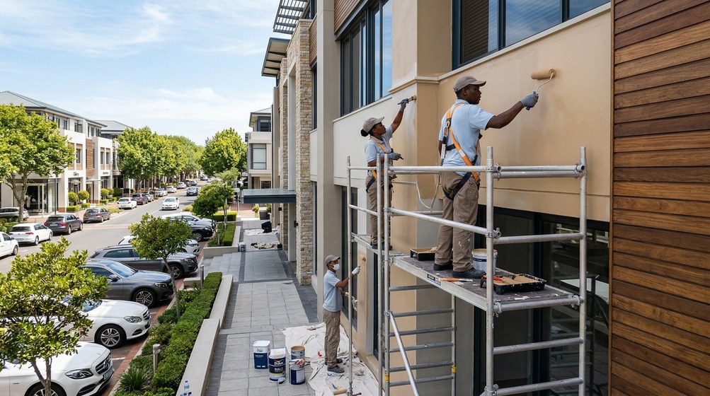 Professional commercial painters on scaffolding painting a building on the Goodwood