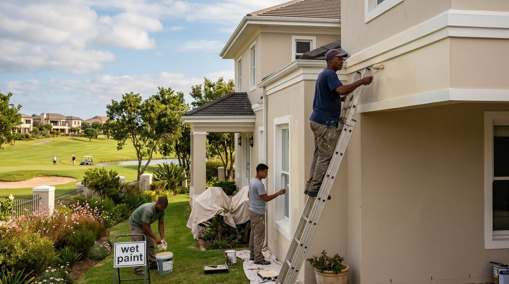 Professional estate painters painting a luxury golf estate home on the Goodwood