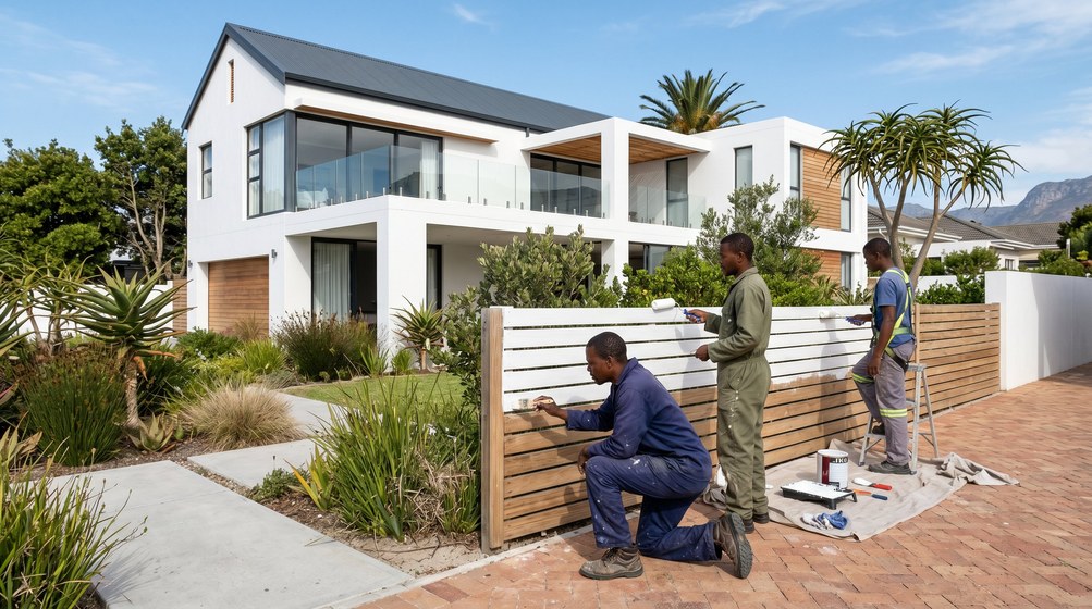 Professional fence painters painting a wooden fence at a Goodwood home in Goodwood