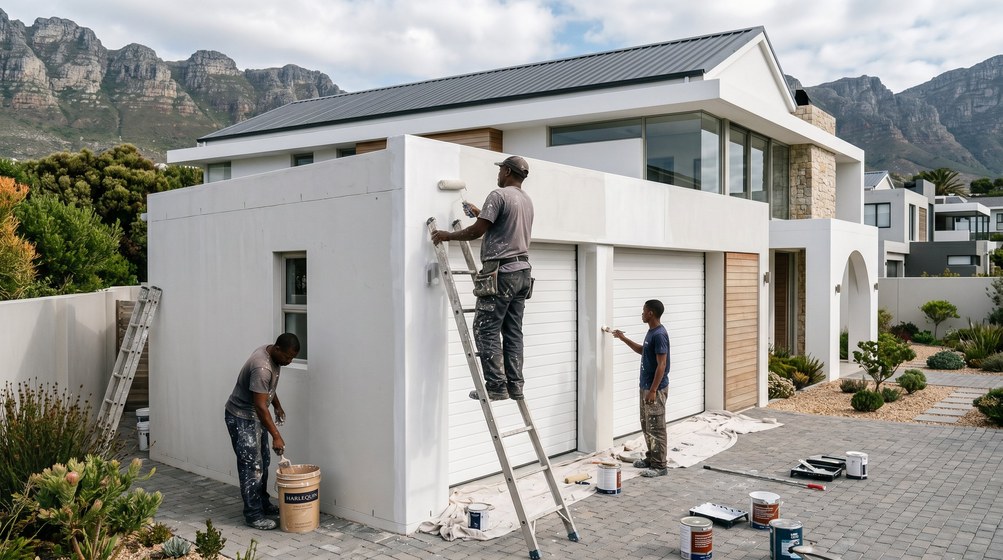 Professional painters painting a double garage exterior and garage doors in Goodwood
