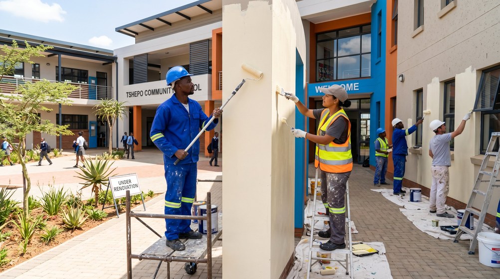 Professional school painting team painting a community school on the Goodwood